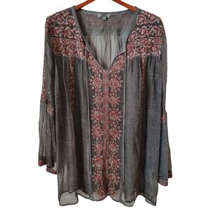 Tasha Pollizzi Blouse Size Medium Grey Embroidered Sheer Oversized Western